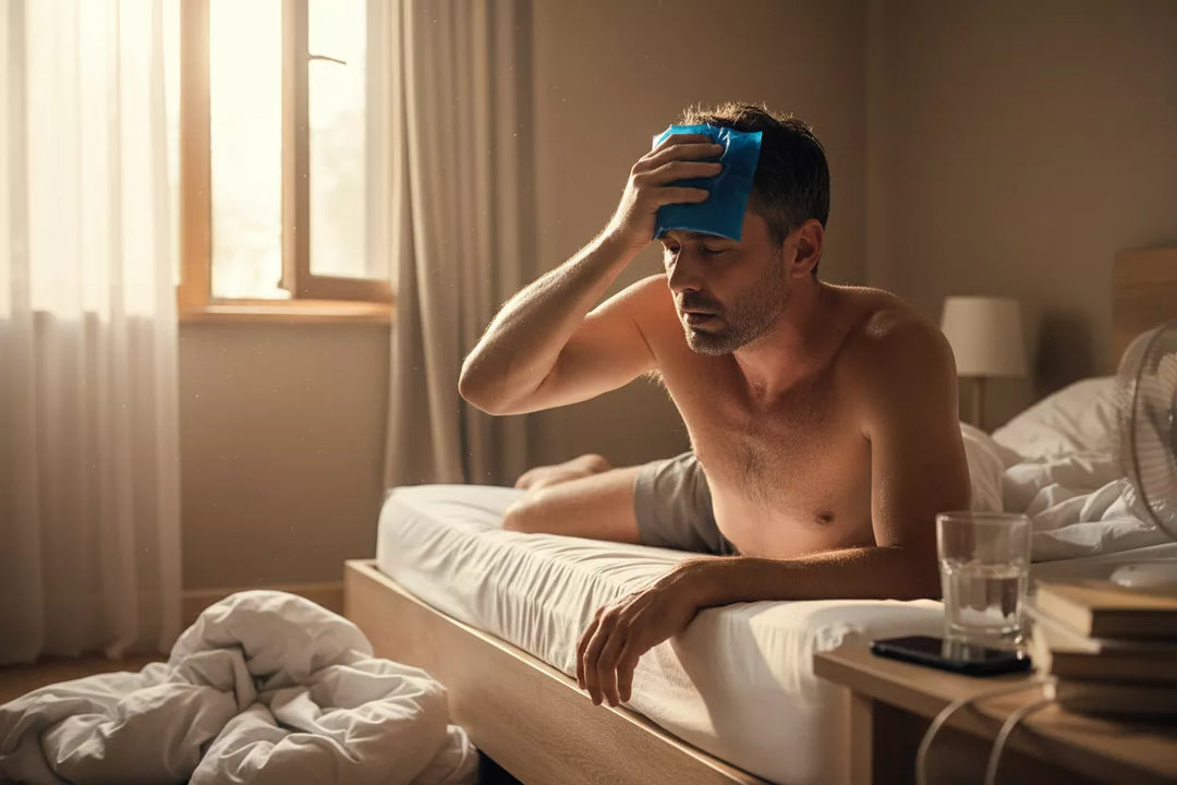 Man too hot in bed with an ice pack