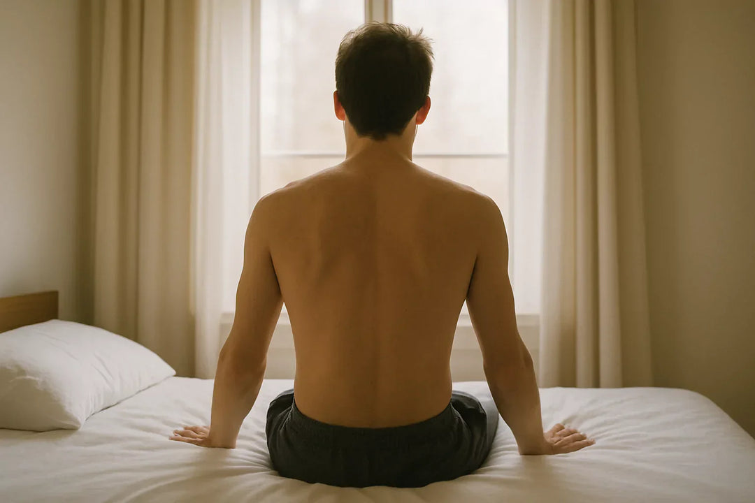 Man sitting on the bed with his back to us