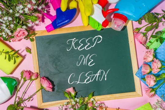 Blackboard with 'Keep Me Clean' written on it on a background with cleaning products and spring flowers 