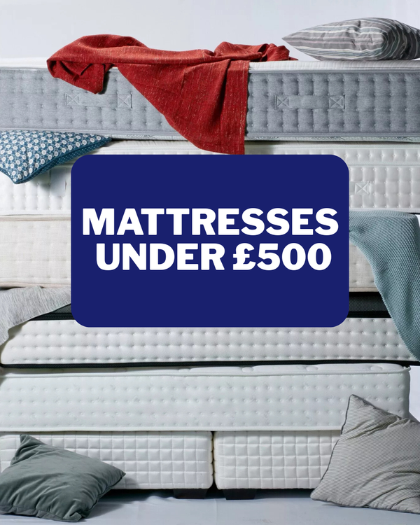 Stack of mattresses with a blue sign indicating 'Mattresses under £500' on a white background.