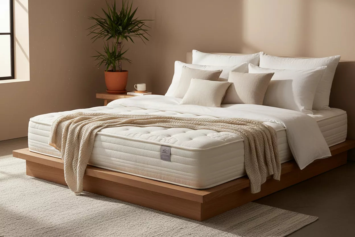 Neutral bedroom showcasing mattress, pillows and a throw