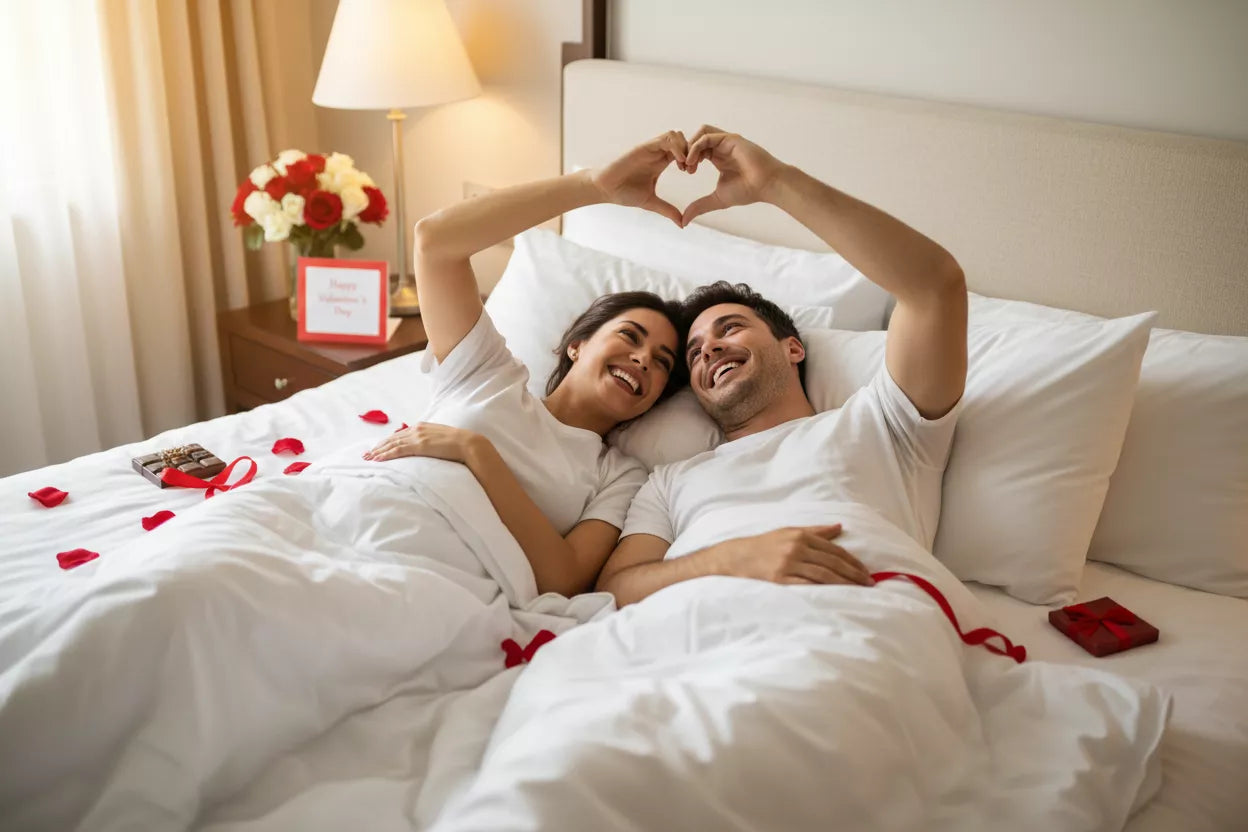 Couple in bed making a heart shape with their hands, surrounded by rose petals.