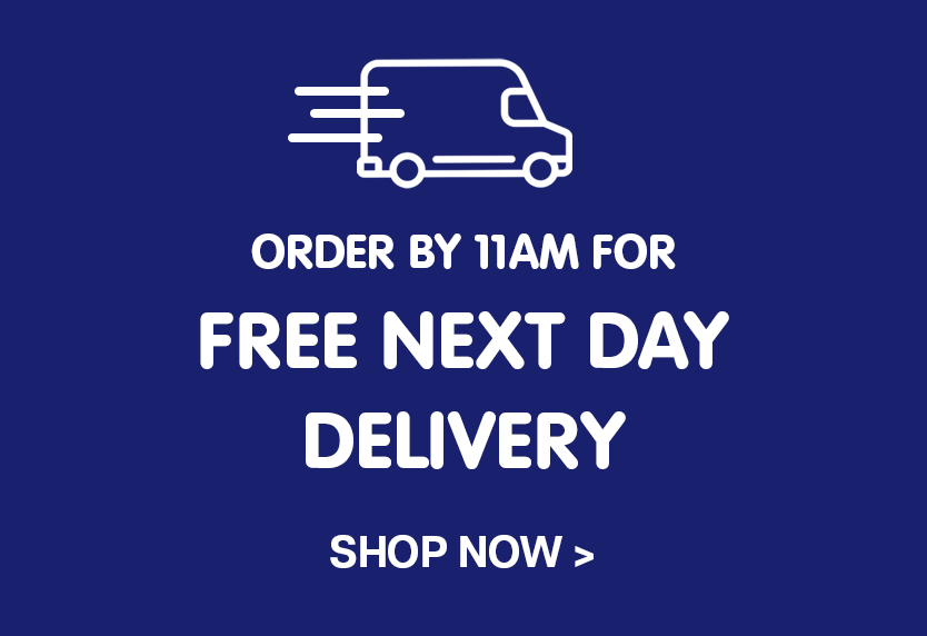 Promotional graphic for free next day delivery with a van icon on a blue background.