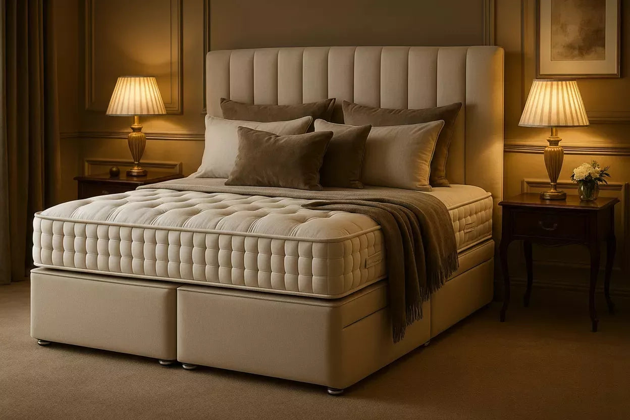 Beige bed with pillows and a blanket in a dimly lit bedroom.
