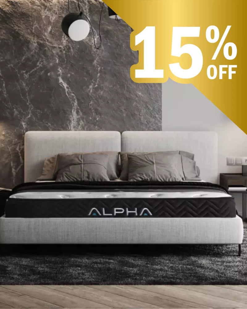 Alpha Mattress in a modern bedroom with 15% off banner